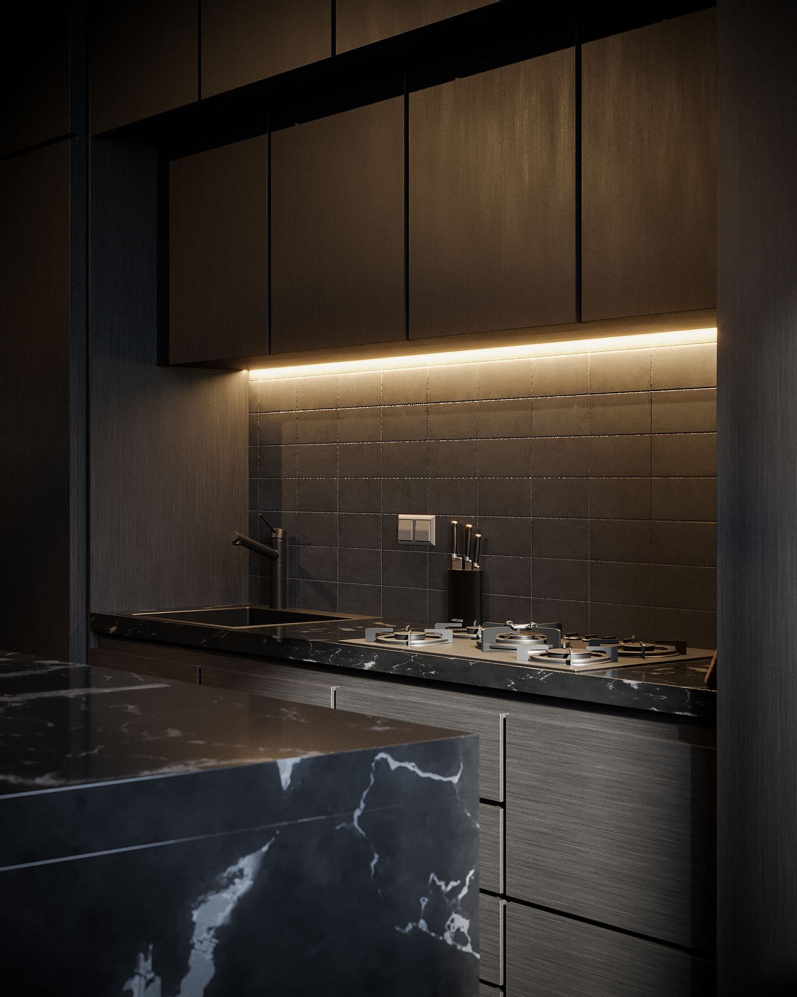 Modern kitchen with stainless appliances and sleek countertops